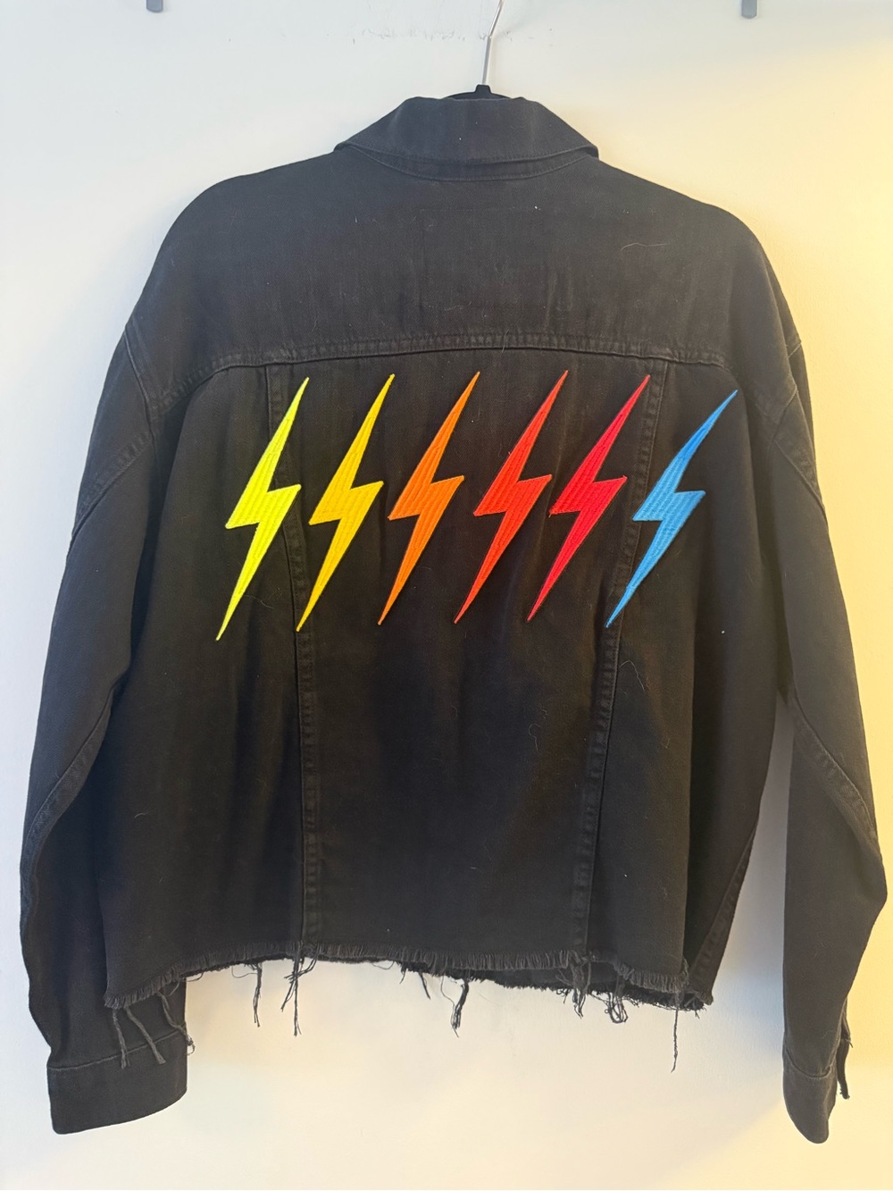 Aviator Nation Oversized Denim Jacket with embroidered Rainbow Lightning Bolts
